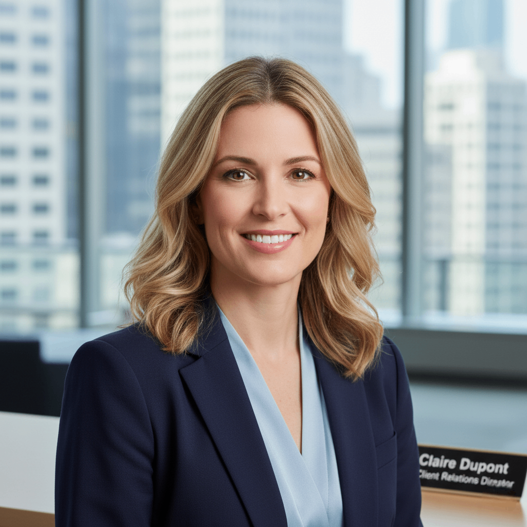 Claire Dupont - Client Relations Director, welcoming professional woman in business casual