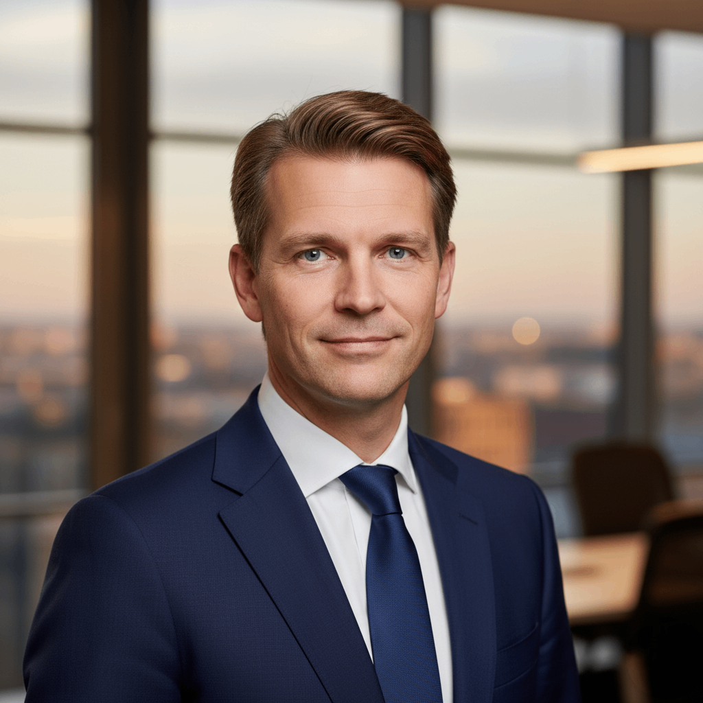 Lukas van Dijk - Head of Asset Admin, middle-aged man with glasses, sharp suit, serious professional look